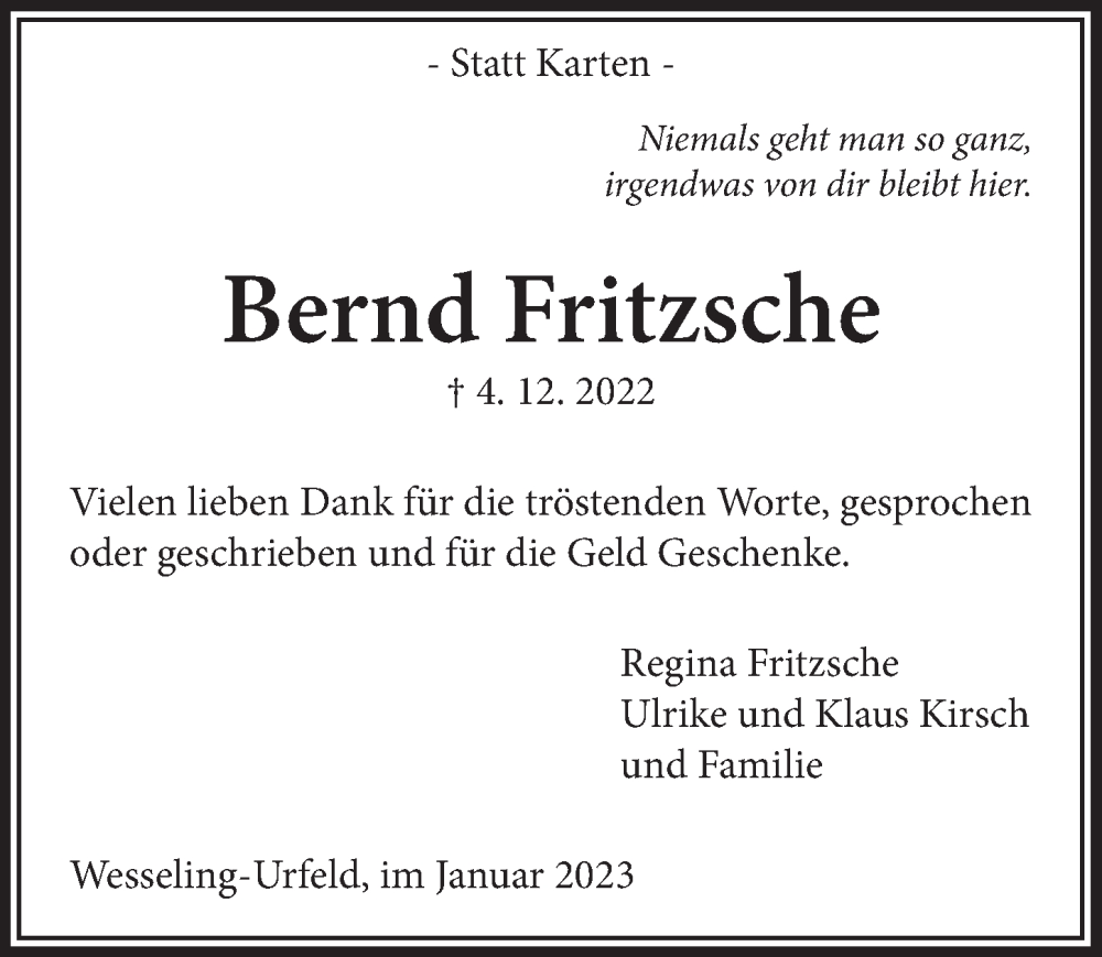  Traueranzeige für Bernd Fritzsche vom 13.01.2023 aus  Schlossbote/Werbekurier 
