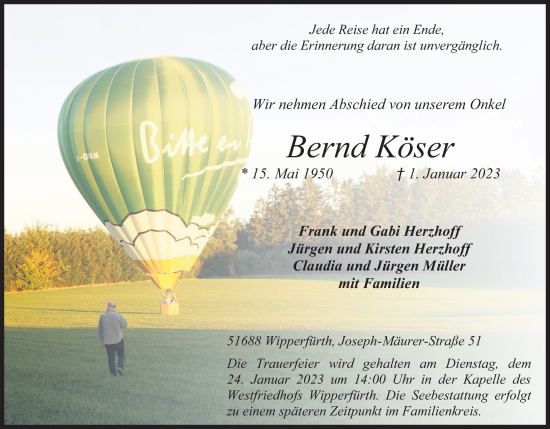 Anzeige von Bernd Köser von Kölner Stadt-Anzeiger / Kölnische Rundschau / Express