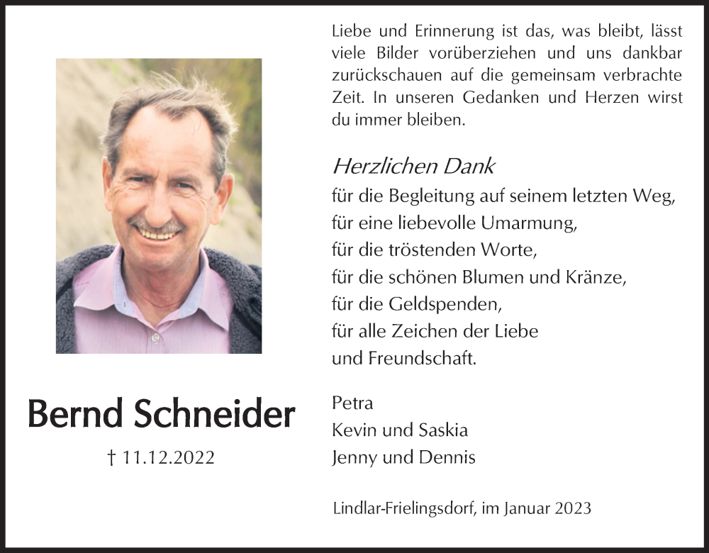  Traueranzeige für Bernd Schneider vom 28.01.2023 aus Kölner Stadt-Anzeiger / Kölnische Rundschau / Express