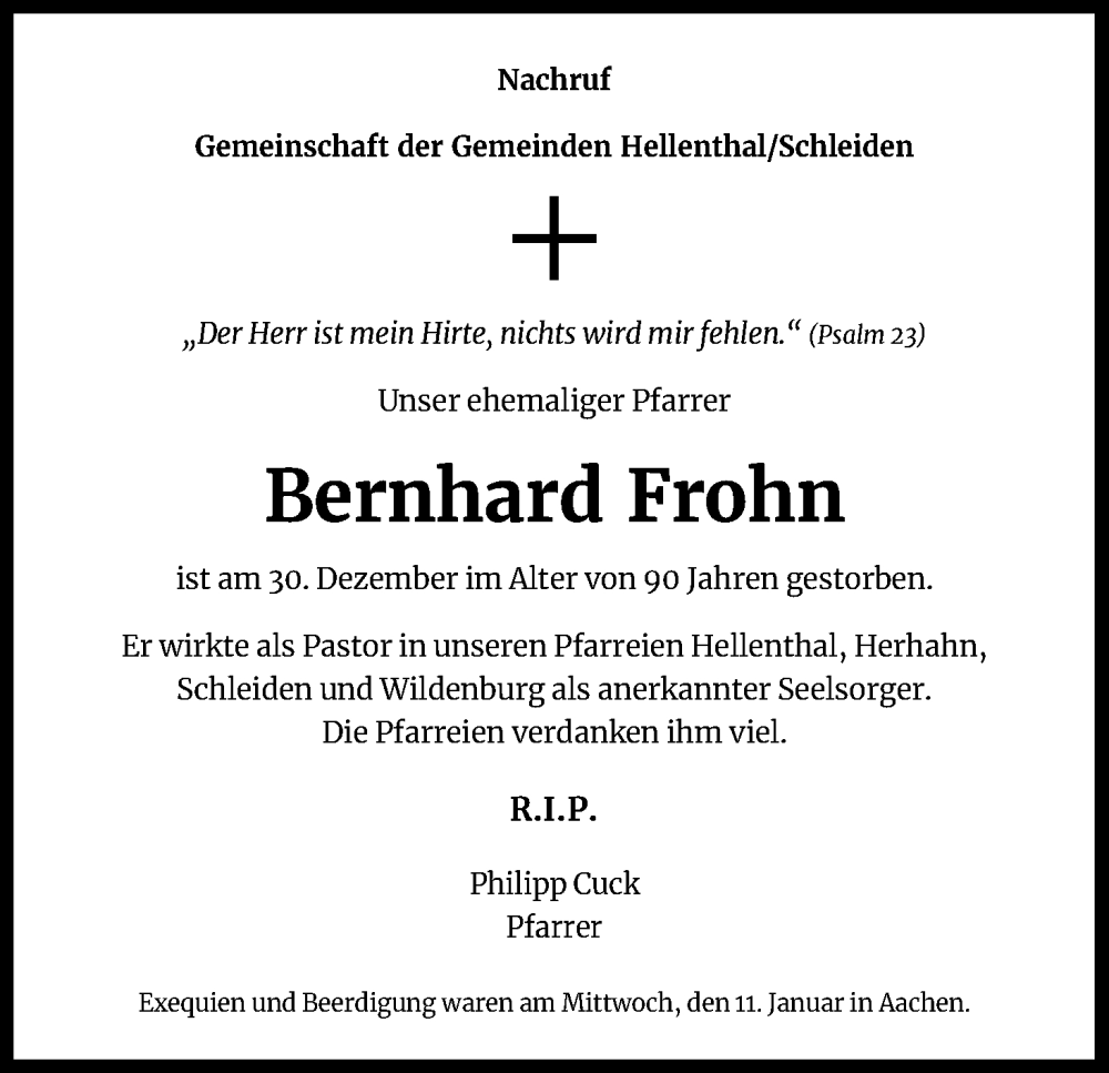  Traueranzeige für Bernhard Frohn vom 14.01.2023 aus Kölner Stadt-Anzeiger / Kölnische Rundschau / Express