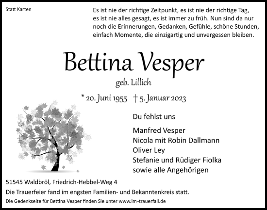 Anzeige von Bettina Vesper von  Lokalanzeiger 