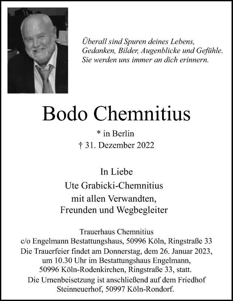  Traueranzeige für Bodo Chemnitius vom 21.01.2023 aus Kölner Stadt-Anzeiger / Kölnische Rundschau / Express