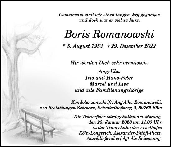 Anzeige von Boris Romanowski von Kölner Stadt-Anzeiger / Kölnische Rundschau / Express