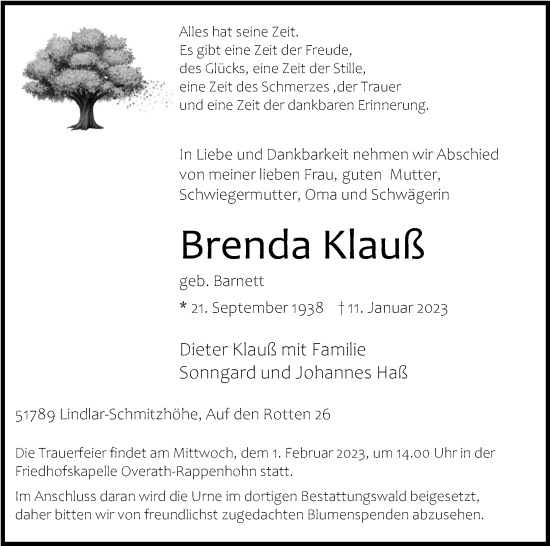 Anzeige von Brenda Klauß von Kölner Stadt-Anzeiger / Kölnische Rundschau / Express