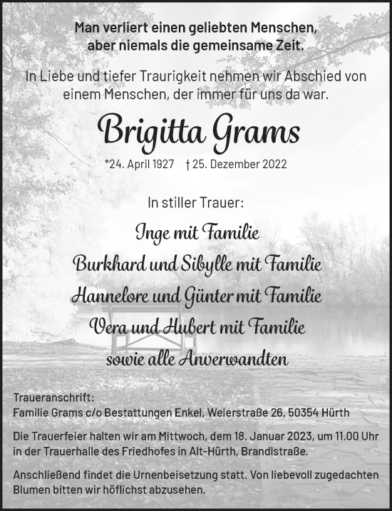 Anzeige von Brigitta Grams von  Wochenende 