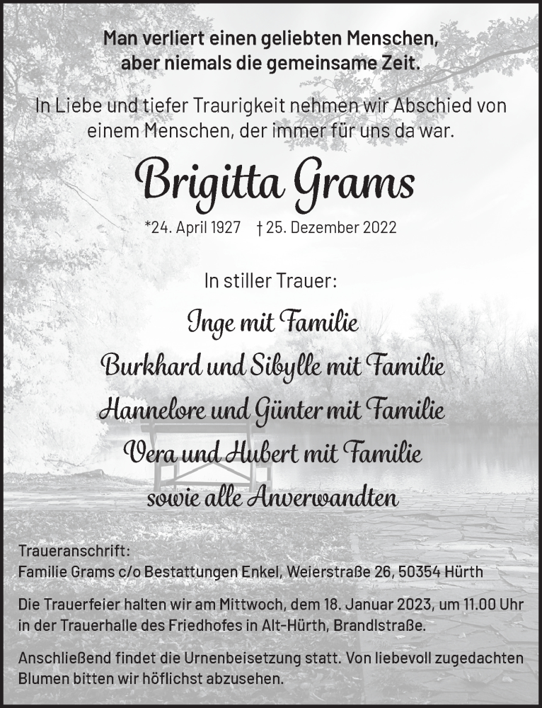  Traueranzeige für Brigitta Grams vom 06.01.2023 aus  Wochenende 