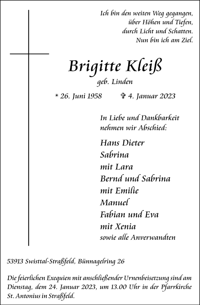  Traueranzeige für Brigitte Kleiß vom 13.01.2023 aus  Schaufenster/Blickpunkt 
