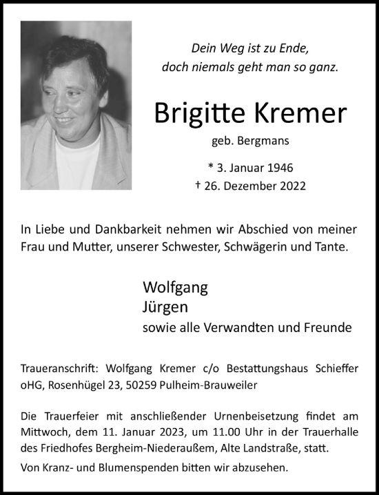 Anzeige von Brigitte Kremer von  Werbepost 