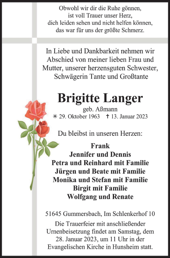 Anzeige von Brigitte Langer von  Anzeigen Echo 