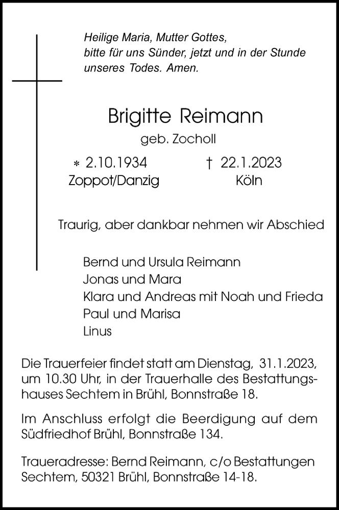  Traueranzeige für Brigitte Reimann vom 28.01.2023 aus Kölner Stadt-Anzeiger / Kölnische Rundschau / Express