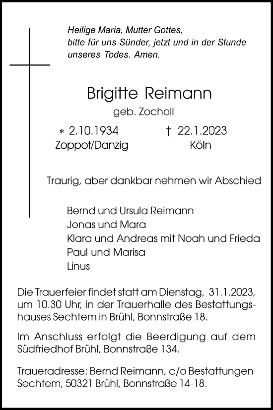 Anzeige von Brigitte Reimann von Kölner Stadt-Anzeiger / Kölnische Rundschau / Express