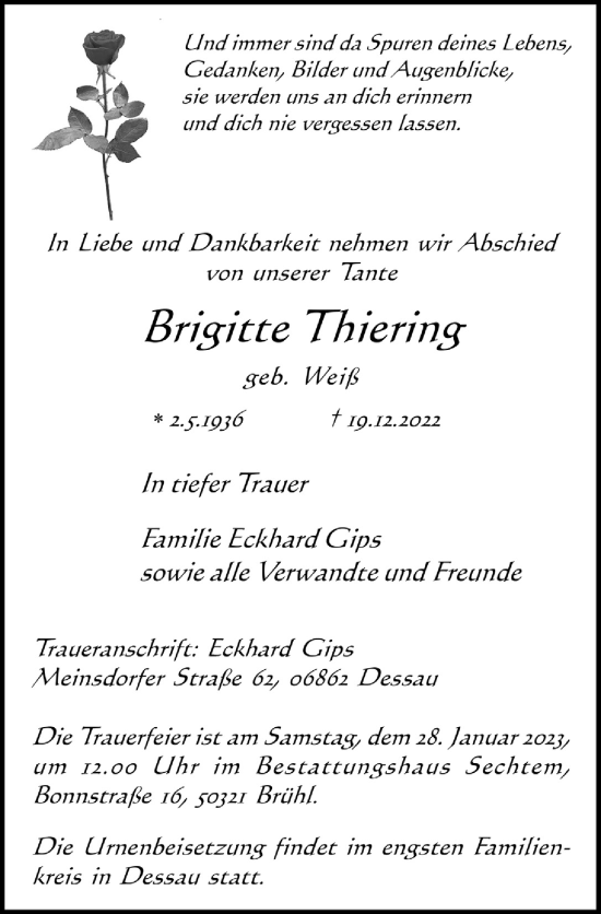 Anzeige von Brigitte Thiering von  Schlossbote/Werbekurier 