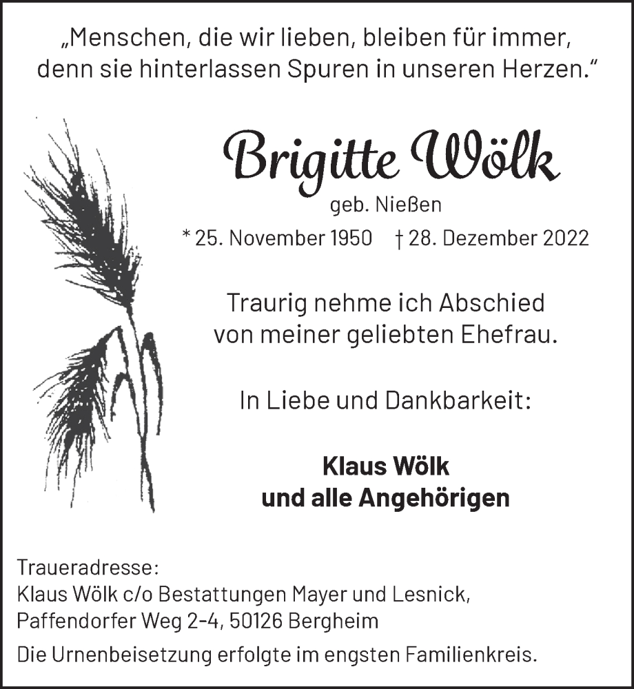  Traueranzeige für Brigitte Wölk vom 06.01.2023 aus  Werbepost 