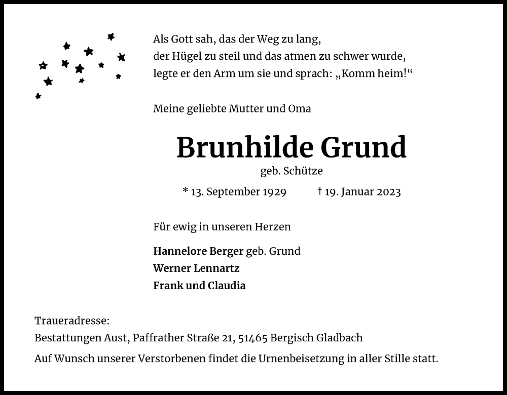  Traueranzeige für Brunhilde Grund vom 28.01.2023 aus Kölner Stadt-Anzeiger / Kölnische Rundschau / Express