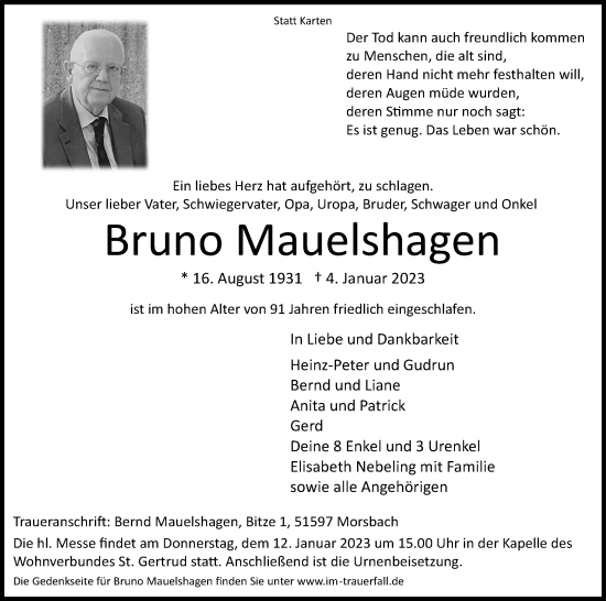 Anzeige von Bruno Mauelshagen von Kölner Stadt-Anzeiger / Kölnische Rundschau / Express