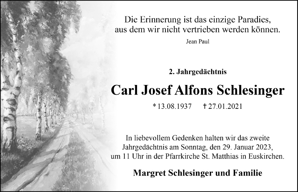  Traueranzeige für Carl Josef Alfons  Schlesinger vom 21.01.2023 aus  Blickpunkt Euskirchen 