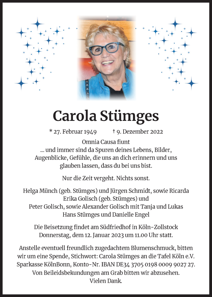  Traueranzeige für Carola Stümges vom 18.07.2023 aus Kölner Stadt-Anzeiger / Kölnische Rundschau / Express