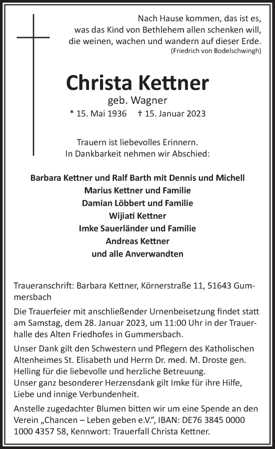 Anzeige von Christa Kettner von  Anzeigen Echo 