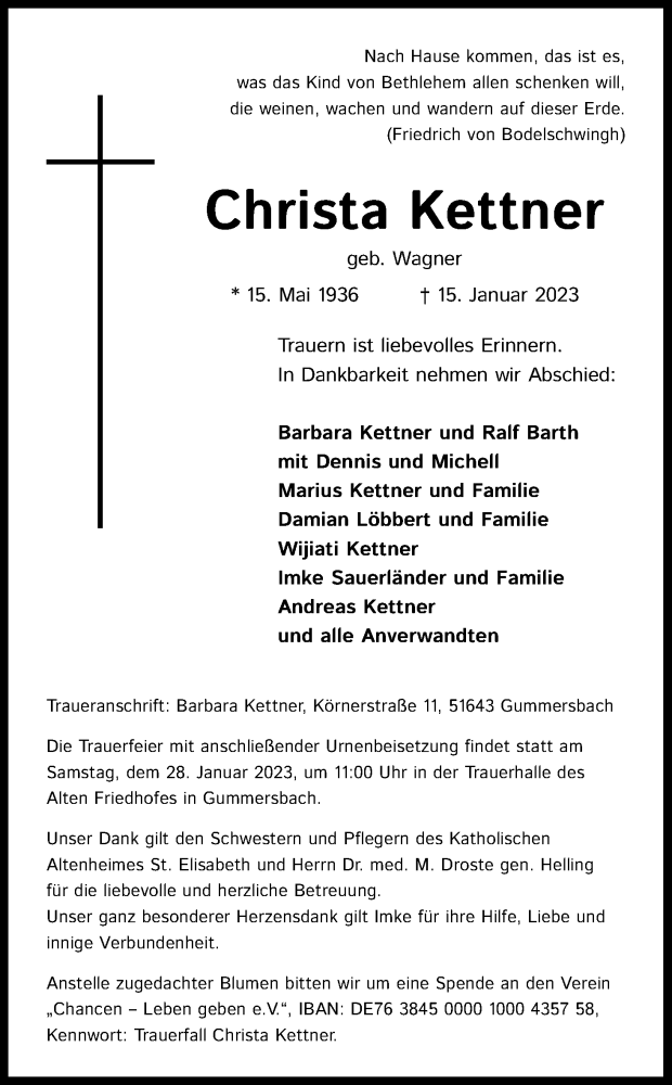  Traueranzeige für Christa Kettner vom 21.01.2023 aus Kölner Stadt-Anzeiger / Kölnische Rundschau / Express