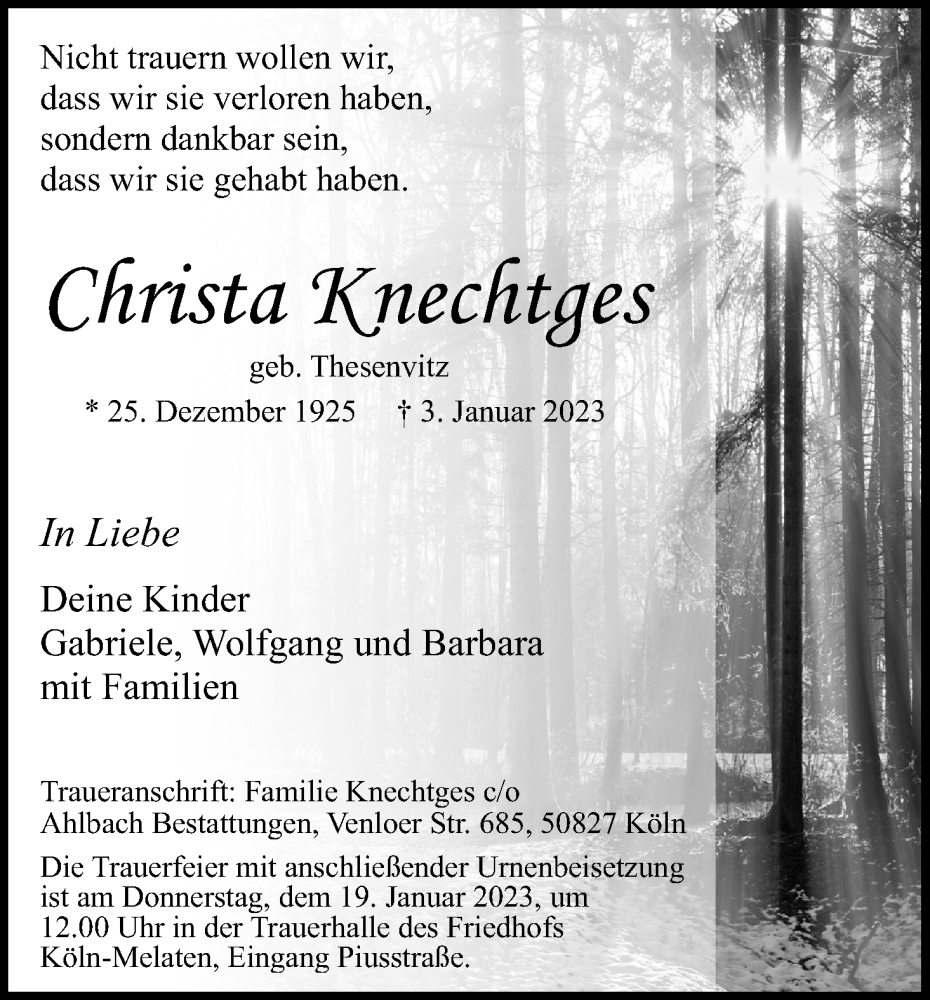  Traueranzeige für Christa Knechtges vom 14.01.2023 aus Kölner Stadt-Anzeiger / Kölnische Rundschau / Express