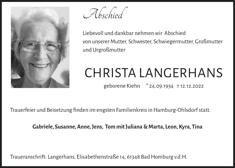  Traueranzeige für Christa Langerhans vom 06.01.2023 aus  Werbepost 
