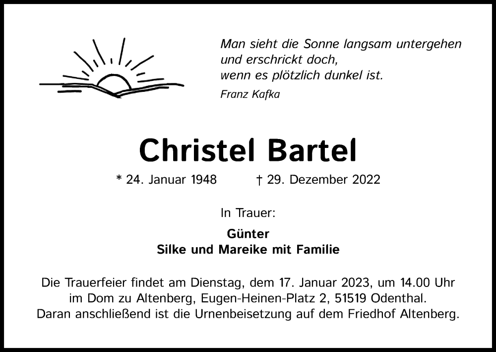  Traueranzeige für Christel Bartel vom 07.01.2023 aus Kölner Stadt-Anzeiger / Kölnische Rundschau / Express