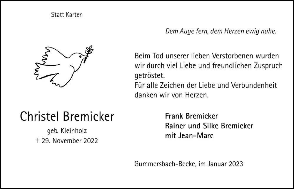  Traueranzeige für Christel Bremicker vom 13.01.2023 aus  Anzeigen Echo 