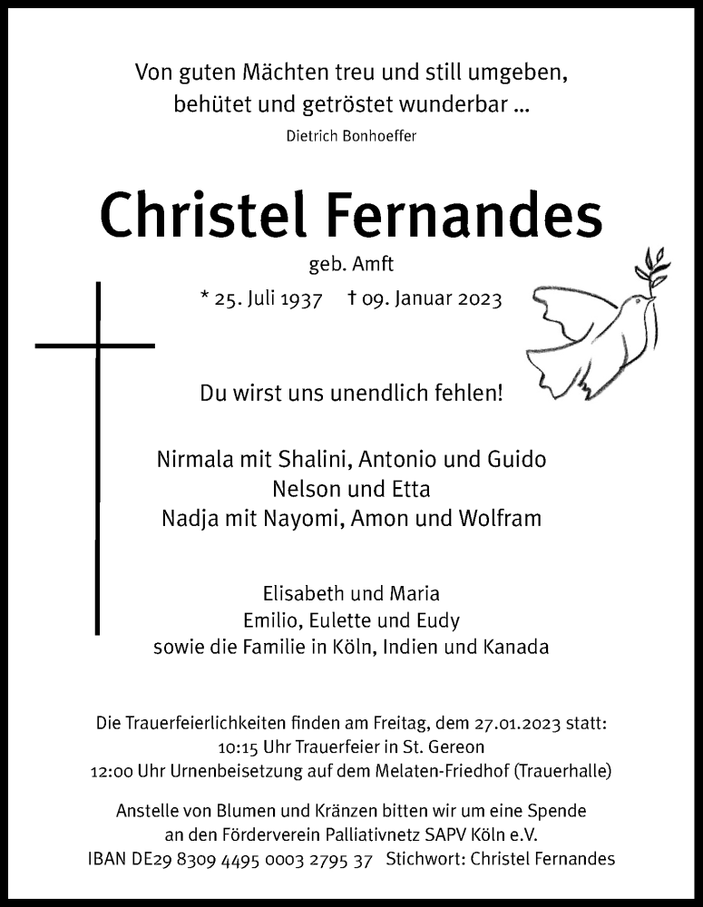  Traueranzeige für Christel Fernandes vom 14.01.2023 aus Kölner Stadt-Anzeiger / Kölnische Rundschau / Express