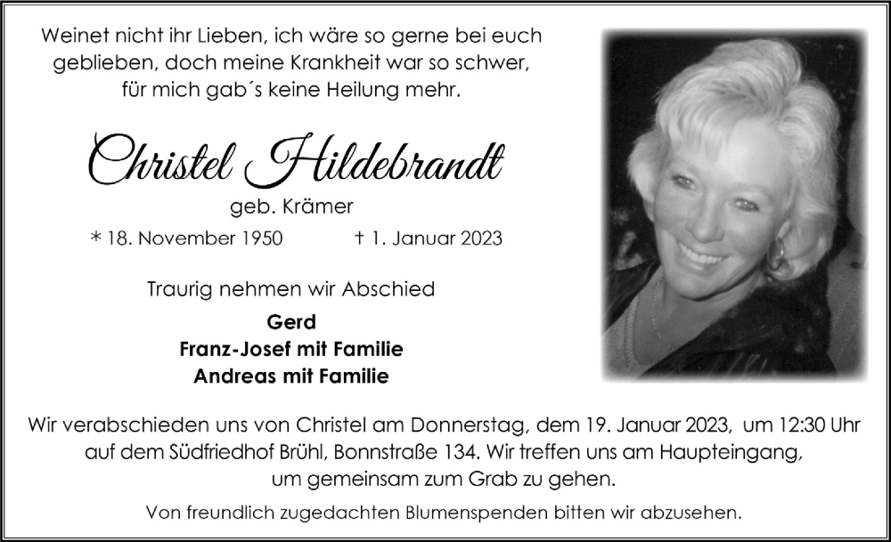  Traueranzeige für Christel Hildebrandt vom 13.01.2023 aus  Schlossbote/Werbekurier 