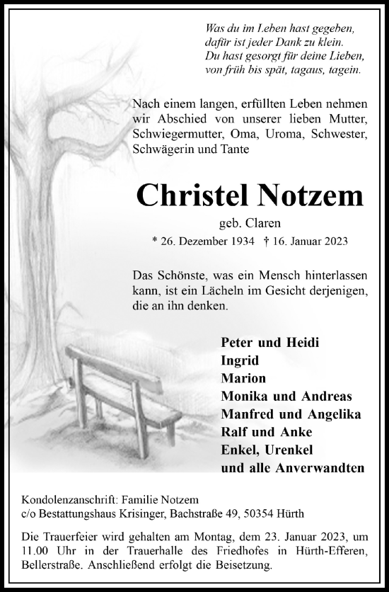 Anzeige von Christel Notzem von  Wochenende 