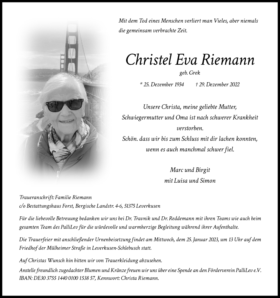  Traueranzeige für Christel Eva Riemann vom 14.01.2023 aus Kölner Stadt-Anzeiger / Kölnische Rundschau / Express