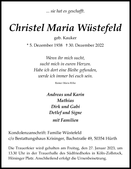Anzeige von Christel Maria Wüstefeld von Kölner Stadt-Anzeiger / Kölnische Rundschau / Express