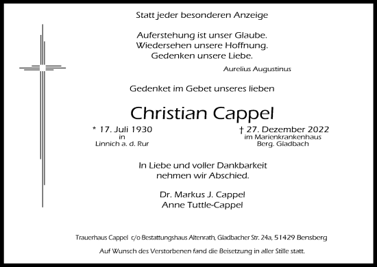 Anzeige von Christian Cappel von Kölner Stadt-Anzeiger / Kölnische Rundschau / Express