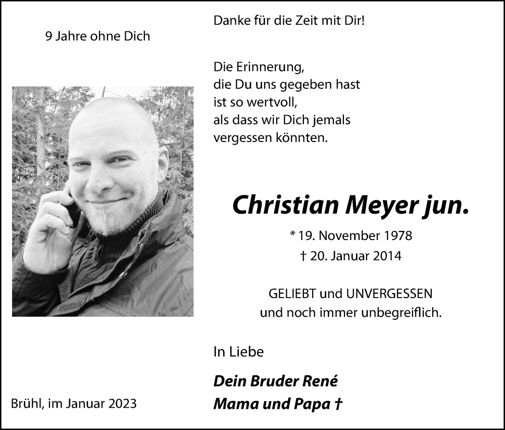  Traueranzeige für Christian Meyer jun. vom 21.01.2023 aus Kölner Stadt-Anzeiger / Kölnische Rundschau / Express