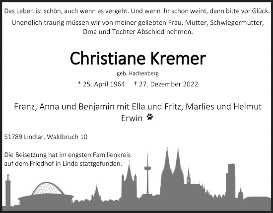 Anzeige von Christiane Kremer von Kölner Stadt-Anzeiger / Kölnische Rundschau / Express