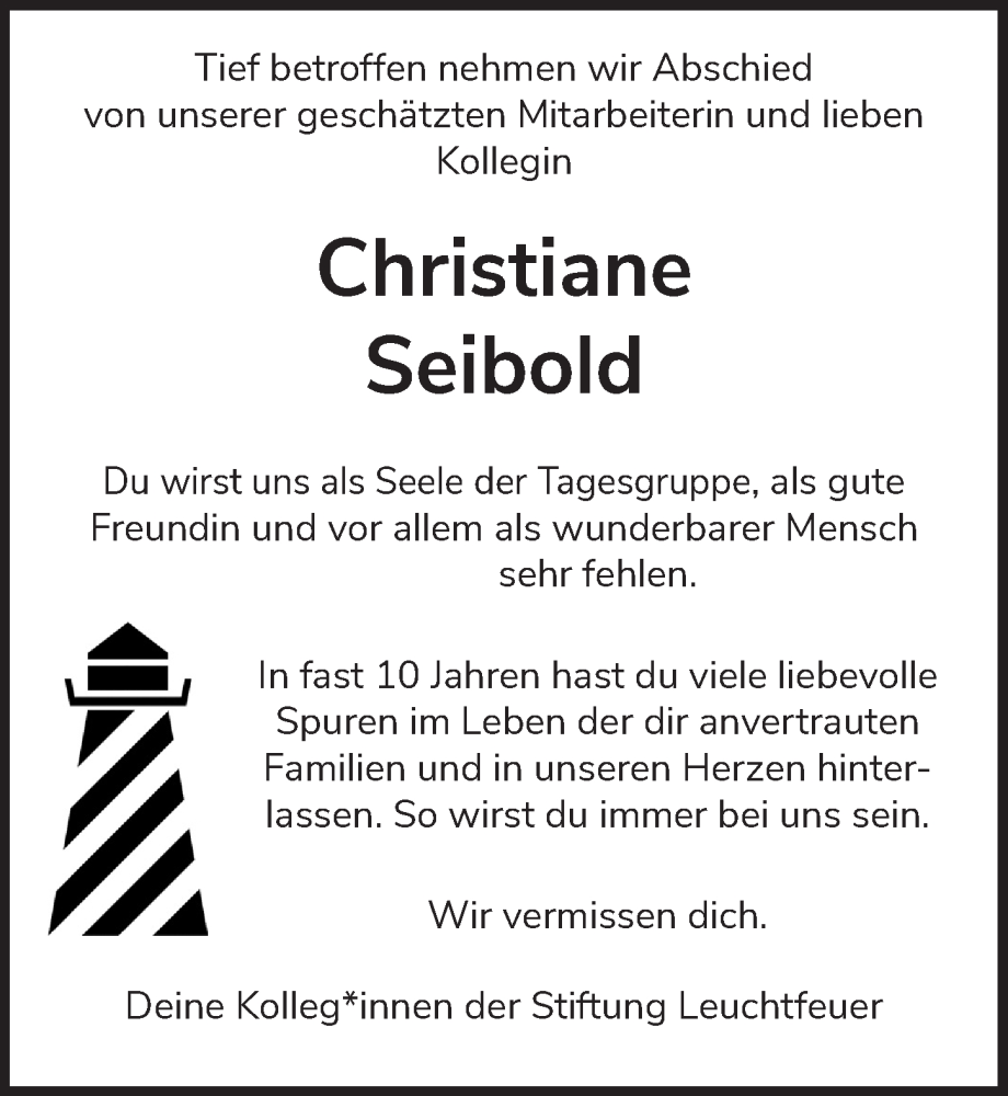  Traueranzeige für Christiane Seibold vom 13.01.2023 aus  Schaufenster/Blickpunkt 
