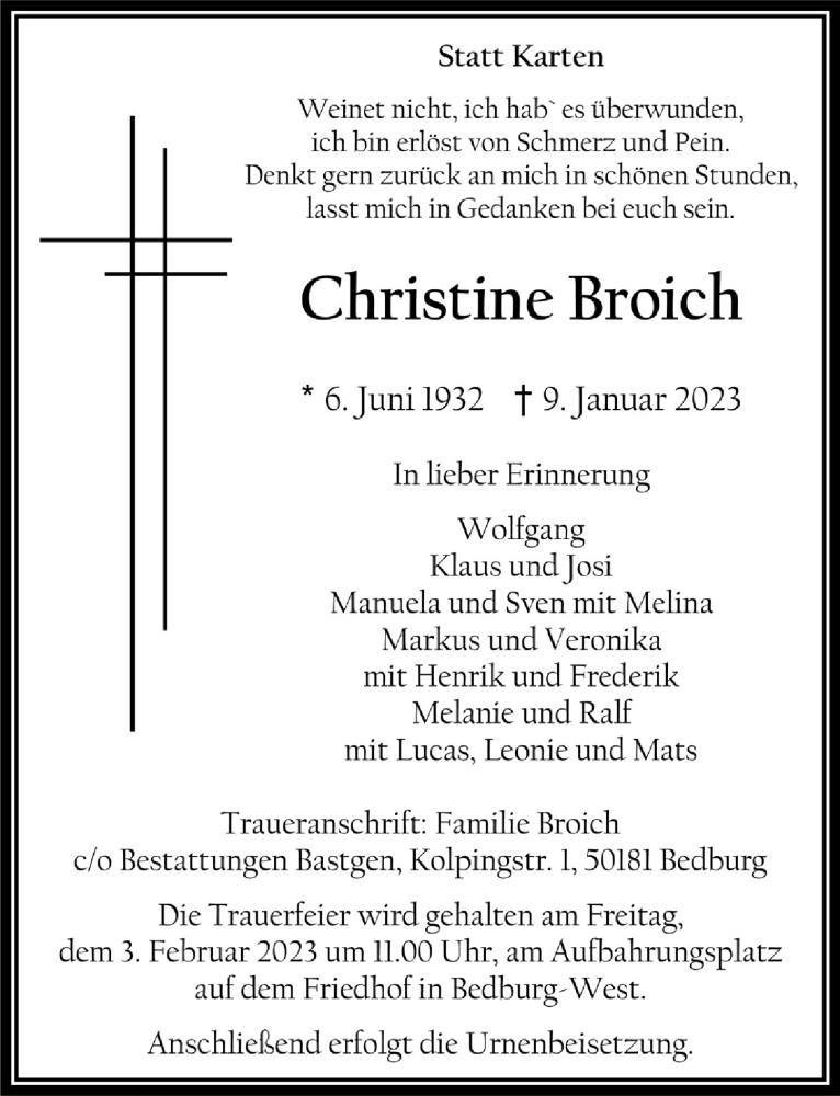  Traueranzeige für Christine Broich vom 20.01.2023 aus  Werbepost 