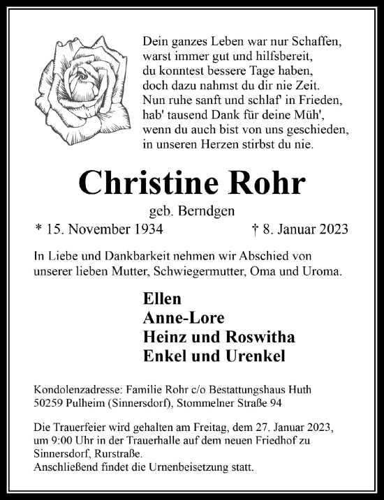 Anzeige von Christine Rohr von  Wochenende 
