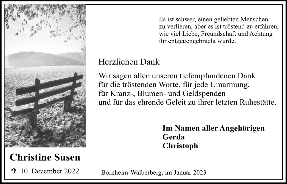  Traueranzeige für Christine Susen vom 06.01.2023 aus  Schlossbote/Werbekurier 