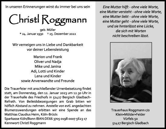 Anzeige von Christl Roggmann von Kölner Stadt-Anzeiger / Kölnische Rundschau / Express