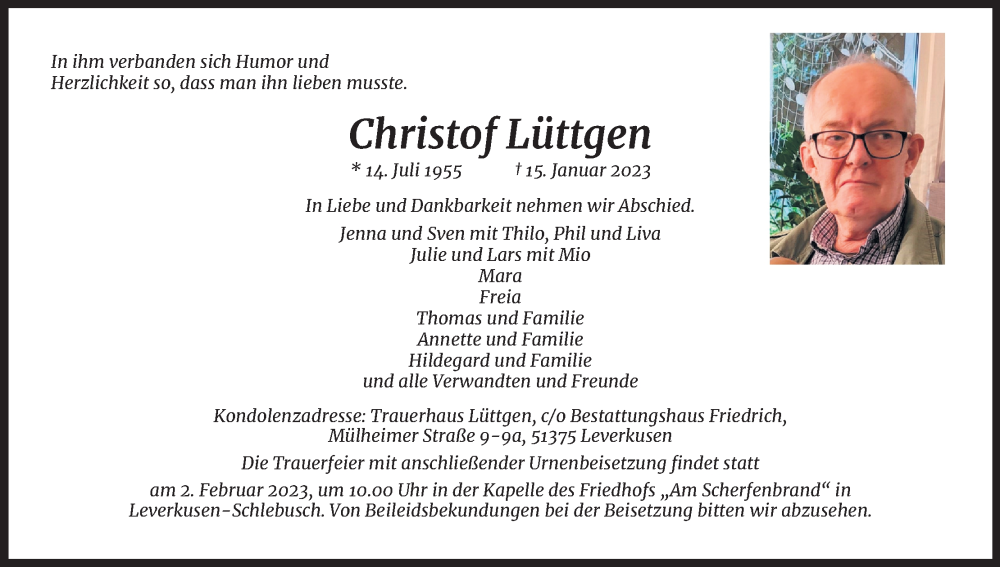  Traueranzeige für Christof Lüttgen vom 28.01.2023 aus Kölner Stadt-Anzeiger / Kölnische Rundschau / Express