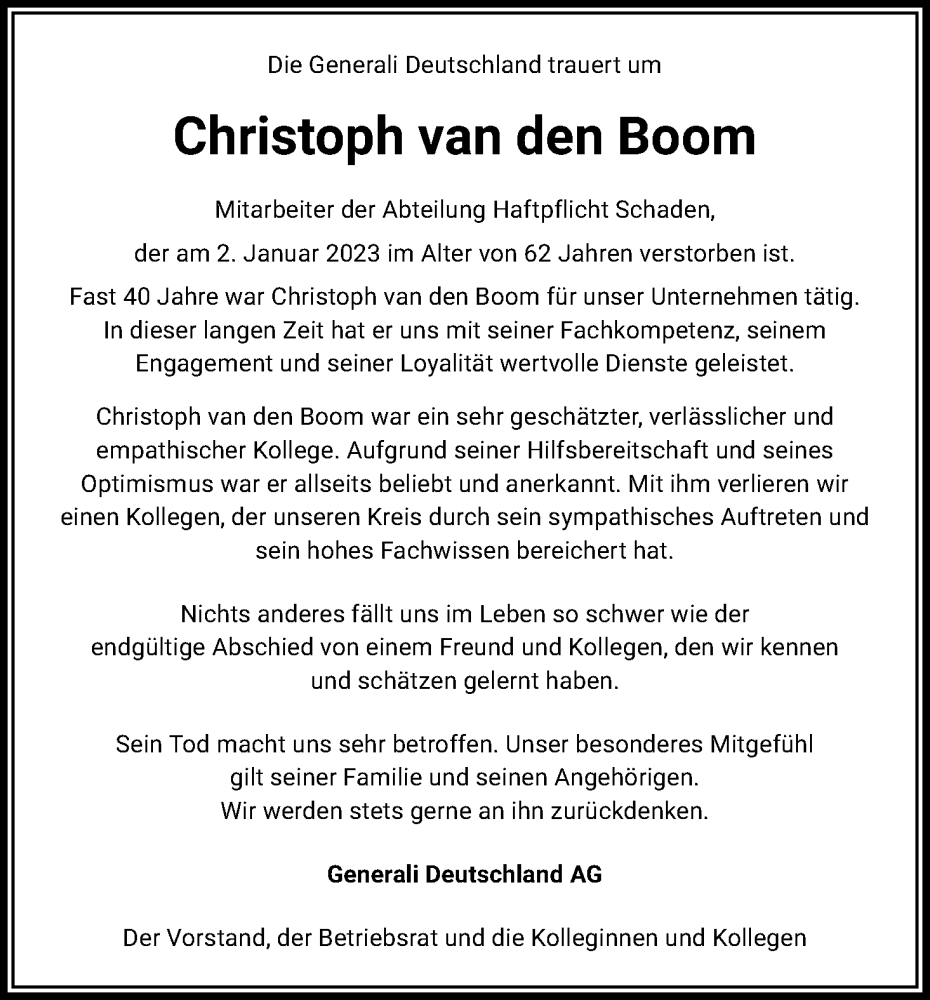  Traueranzeige für Christoph van den Boom vom 12.01.2023 aus Kölner Stadt-Anzeiger / Kölnische Rundschau / Express