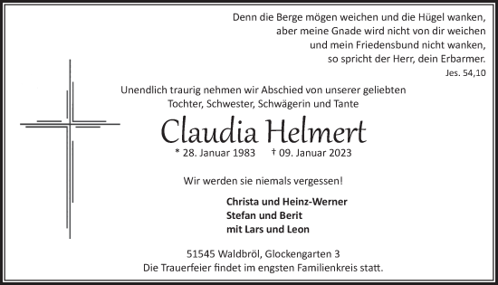 Anzeige von Claudia Helmert von  Lokalanzeiger 