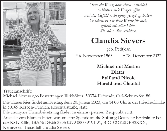 Anzeige von Claudia Sievers von  Werbepost 