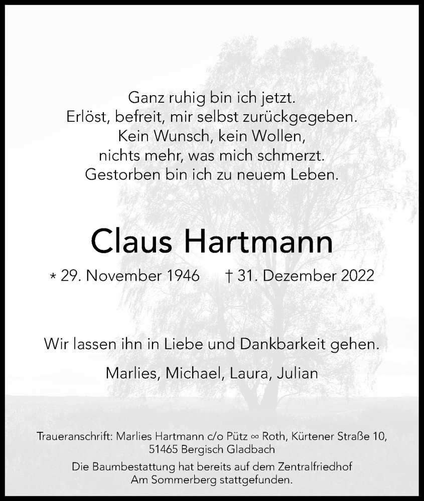  Traueranzeige für Claus Hartmann vom 14.01.2023 aus Kölner Stadt-Anzeiger / Kölnische Rundschau / Express