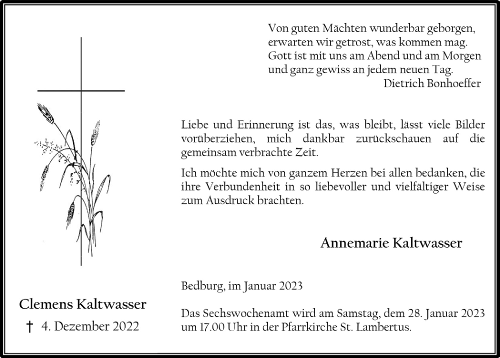  Traueranzeige für Clemens Kaltwasser vom 20.01.2023 aus  Werbepost 