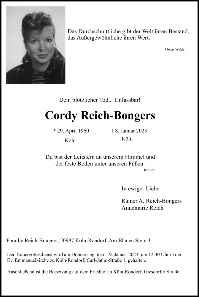 Traueranzeige für Cordy Reich-Bongers vom 14.01.2023 aus Kölner Stadt-Anzeiger / Kölnische Rundschau / Express