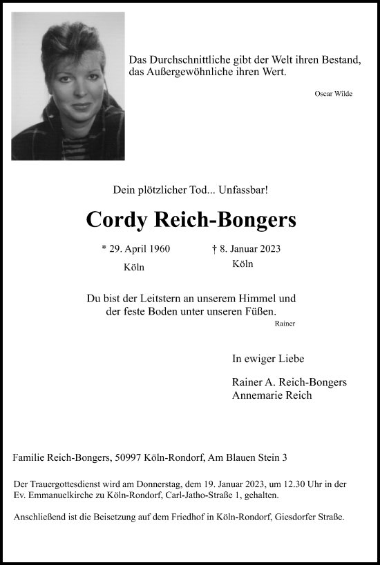 Anzeige von Cordy Reich-Bongers von Kölner Stadt-Anzeiger / Kölnische Rundschau / Express