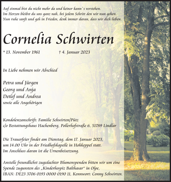 Anzeige von Cornelia Schwirten von Kölner Stadt-Anzeiger / Kölnische Rundschau / Express