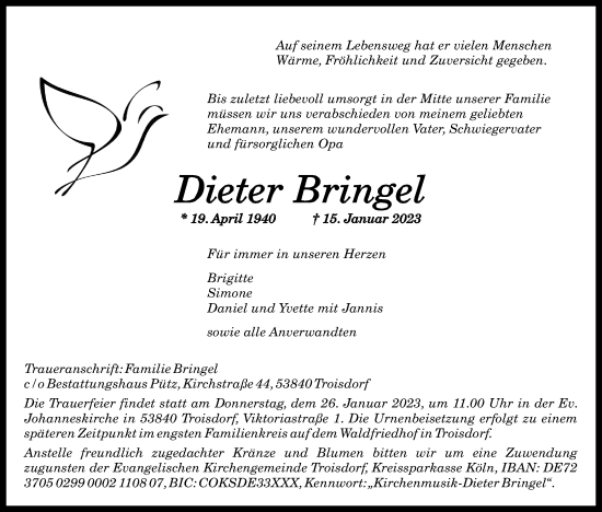 Anzeige von Dieter Bringel von Kölner Stadt-Anzeiger / Kölnische Rundschau / Express